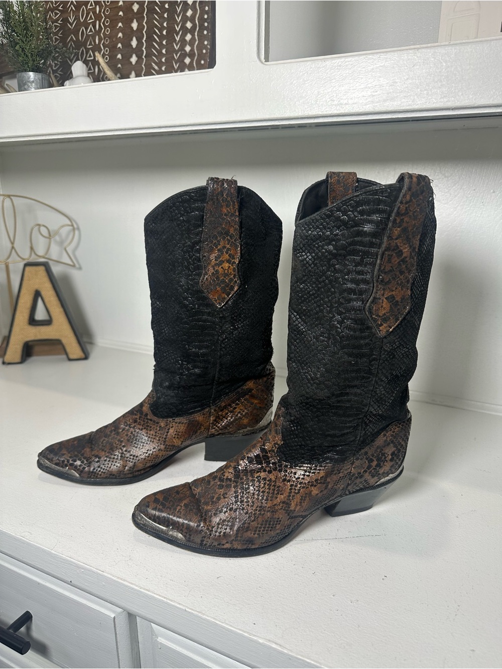 Zodiac Cowboy Boots Womens 8.5 Snake Print Western Boots Brown Black Exotic
